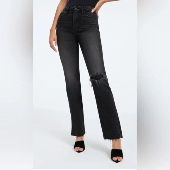 Good American Good Boy Straight Leg Distressed Ripped Jeans - Picture 1 of 12
